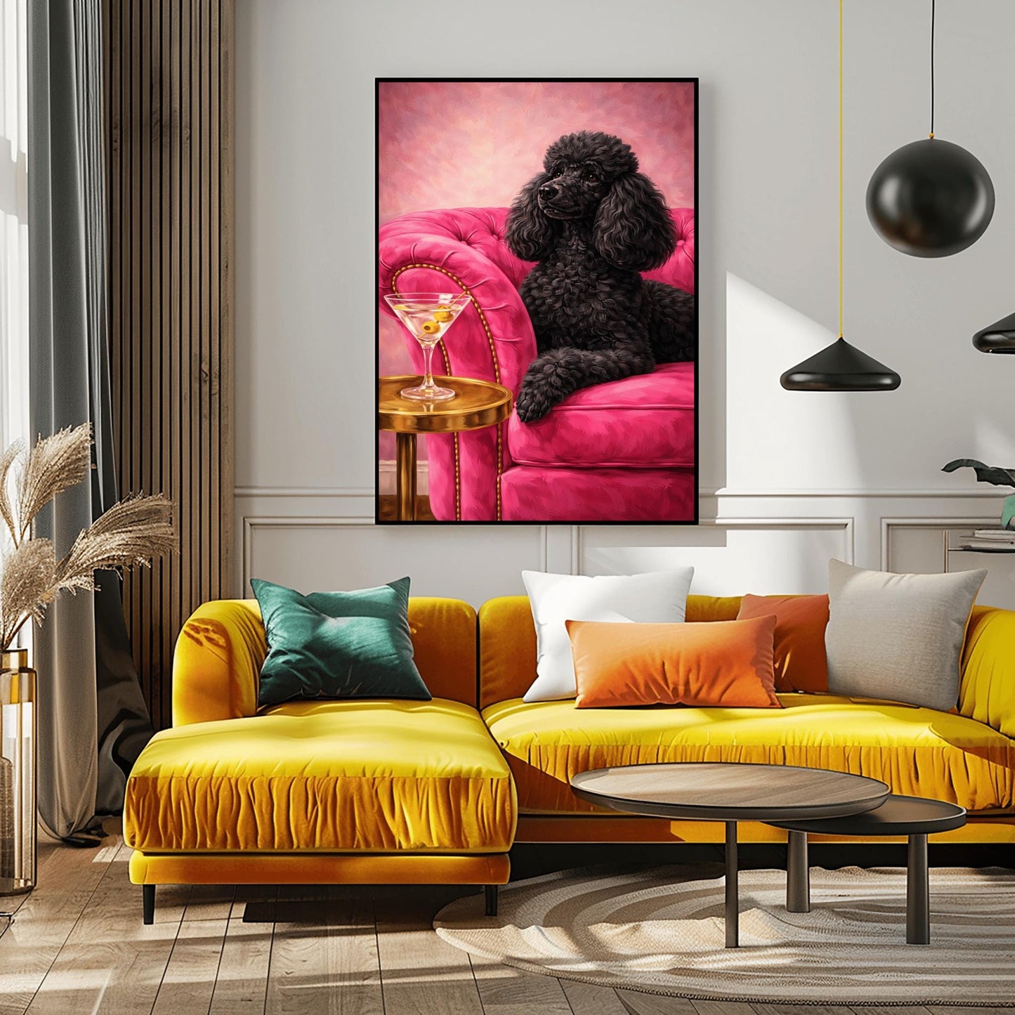 A vertical oil-style painting of a sophisticated black poodle with fluffy, well-groomed fur. The poodle is lying on a vibrant hot pink velvet tufted sofa. In the foreground, a martini glass with two green olives sits on a polished round gold side table. The background is a textured light pink, and the overall mood is glamorous, colorful, and maximalist.