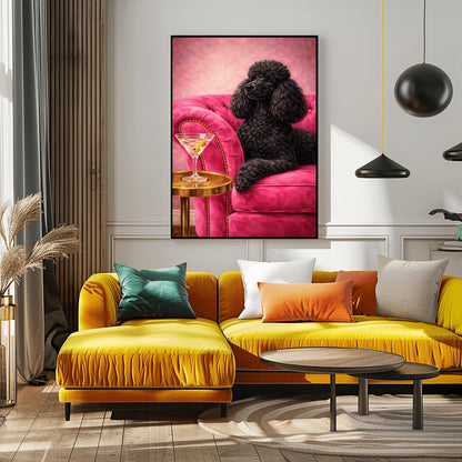 A vertical oil-style painting of a sophisticated black poodle with fluffy, well-groomed fur. The poodle is lying on a vibrant hot pink velvet tufted sofa. In the foreground, a martini glass with two green olives sits on a polished round gold side table. The background is a textured light pink, and the overall mood is glamorous, colorful, and maximalist.