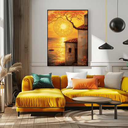 A vertical fine art print in the style of Gustav Klimt. A large, intricate golden mosaic sun hangs in an orange sky, partially framed by a dark tree branch. In the foreground, a rustic white villa with a red roof stands next to a golden sea where a small sailboat is visible. The entire scene is bathed in warm gold and amber light.