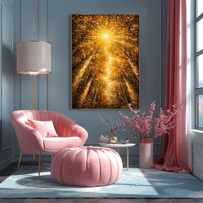 A vertical full-bleed illustration looking up from the forest floor toward a bright, geometric sun. Towering trees with golden mosaic bark frame a canopy of shimmering leaves. A large sunburst made of concentric golden dots and rays sits at the center against an amber sky.