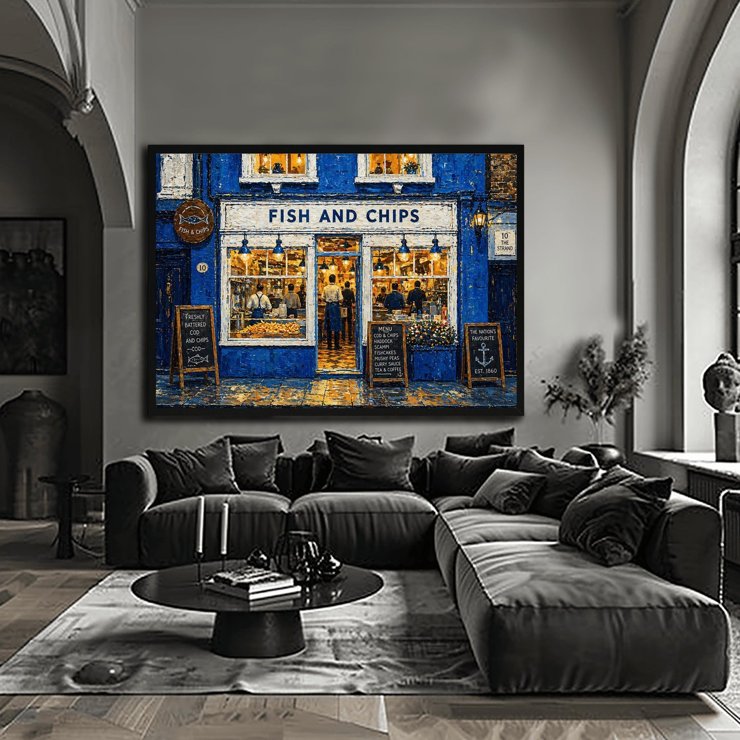 A horizontal impressionist painting of a "Fish and Chips" shop at night. The building is a vibrant cobalt blue with thick, textured brushstrokes. Large, bright windows reveal a warm yellow interior where chefs are working. Outside, three wooden chalkboard signs list the menu and "The Nation's Favourite." The wet pavement reflects the golden light from the shop's interior and blue exterior lamps. A sign on the right reads "10 The Strand."
