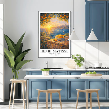 A vertical painterly illustration of a Mediterranean sunset. A low sun shines over a blue sea with sailboats, casting a golden reflection. In the foreground, a bowl of oranges sits on a stone wall. Orange tree branches frame the top of the scene.