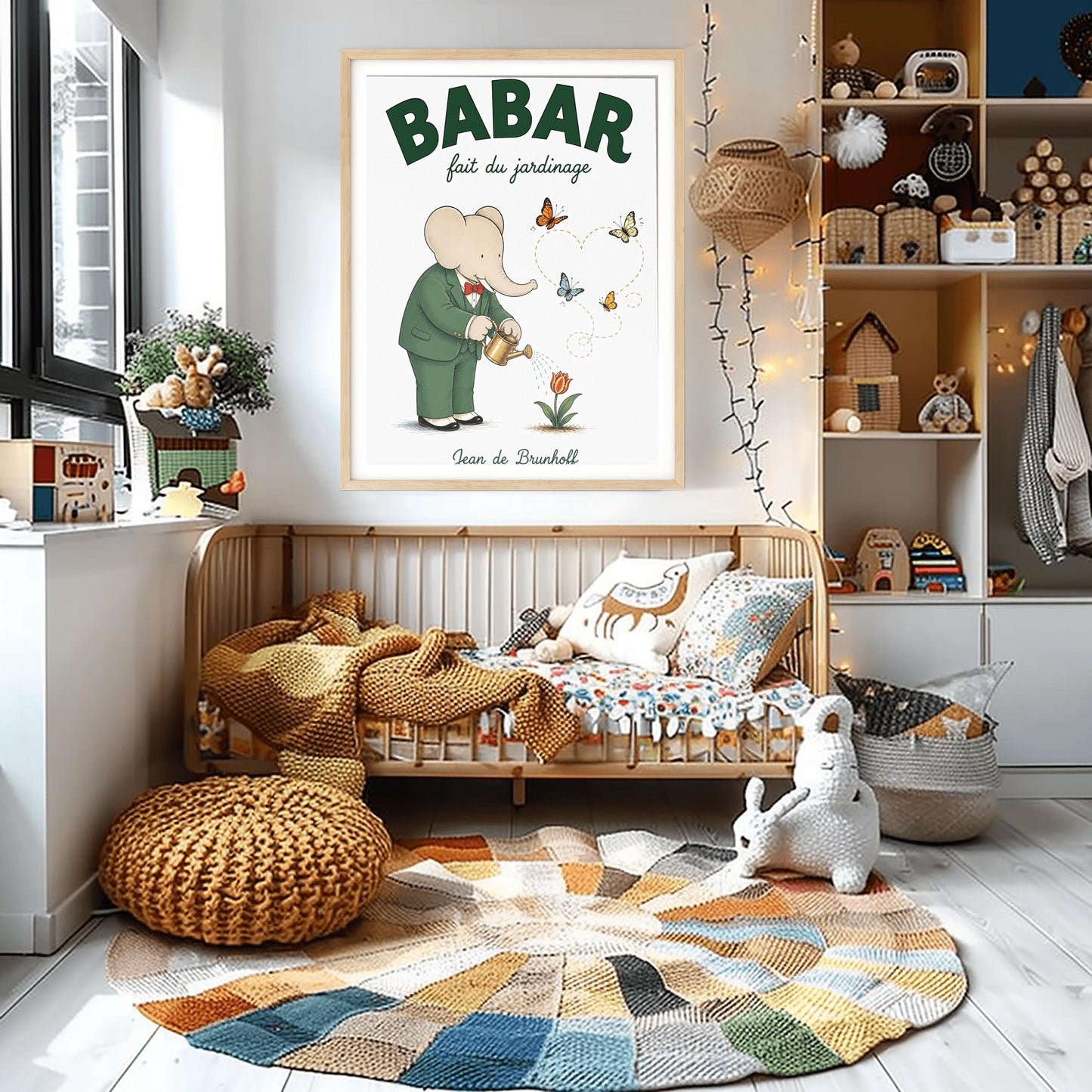 A vertical fine art exhibition poster featuring a classic illustration of Babar the Elephant by Jean de Brunhoff. Set within a wide white border on a textured off-white background, the elephant is shown in a green suit and red bowtie watering a red tulip with a gold can. Four butterflies fly nearby, leaving a dotted line that forms a heart shape. Bold green text at the top reads "BABAR fait du jardinage".