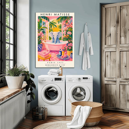 A vertical maximalist art print styled as a Henri Matisse exhibition poster. A light grey baby elephant is sitting in a large pink clawfoot bathtub filled with white bubbles. The bathroom features hot pink tiled floors, vibrant pink flowers, and lush green tropical plants. In the background, an arched window shows a bright golden sunset with palm tree silhouettes. A small yellow stool with towels and various blue and yellow ceramic vases decorate the room.