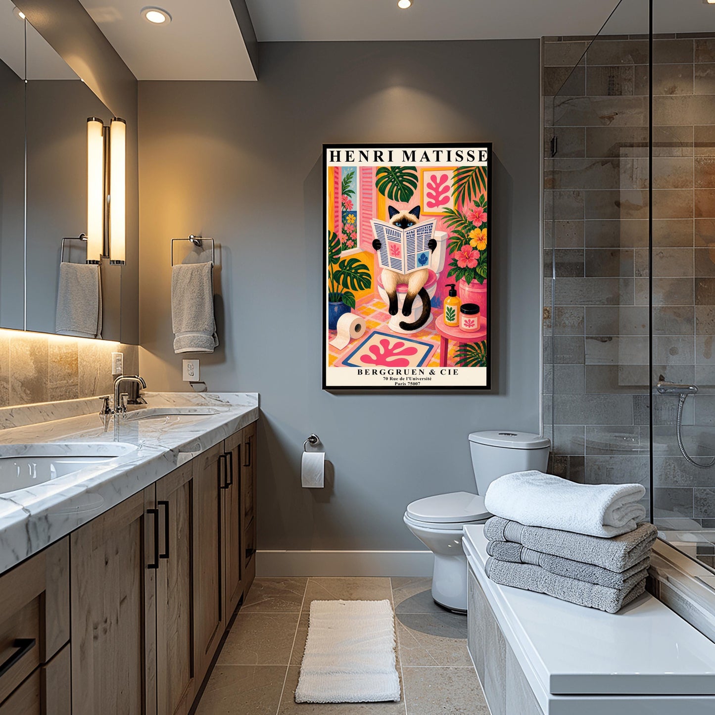 A vertical maximalist art print designed as a Henri Matisse exhibition poster. A cream-colored Siamese cat with dark brown points and blue eyes sits on a toilet, holding and reading a newspaper. The bathroom is vibrantly colored with pink walls, yellow and pink checkered tiles, and lush green monstera plants. A window with pink shutters looks out onto a blue sea. A pink bath mat with a leaf cut-out design and colorful soap jars add to the eclectic decor.