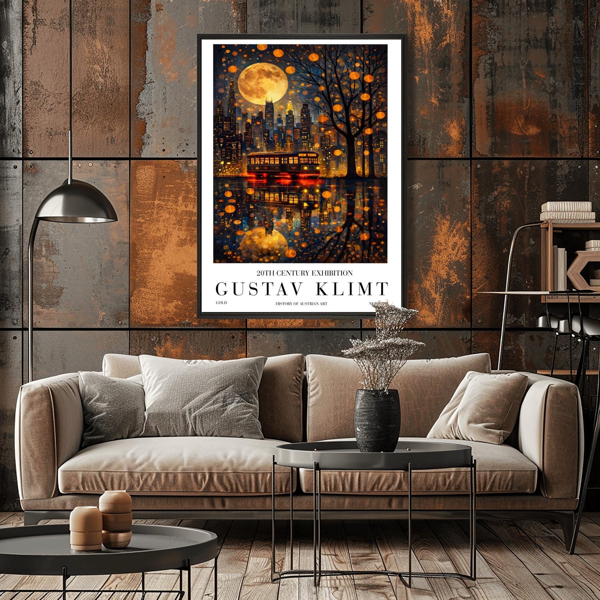 A vertical exhibition-style poster for a Gustav Klimt exhibit. The top half features the New York City skyline at night under a massive, patterned golden moon. A vintage trolley with "NEW YORK" on its sign sits on a wet street, reflecting the city lights and the moon in a shimmering gold mosaic pattern. A silhouetted tree on the right is filled with glowing golden lanterns. The bottom features bold text reading "GUSTAV KLIMT."