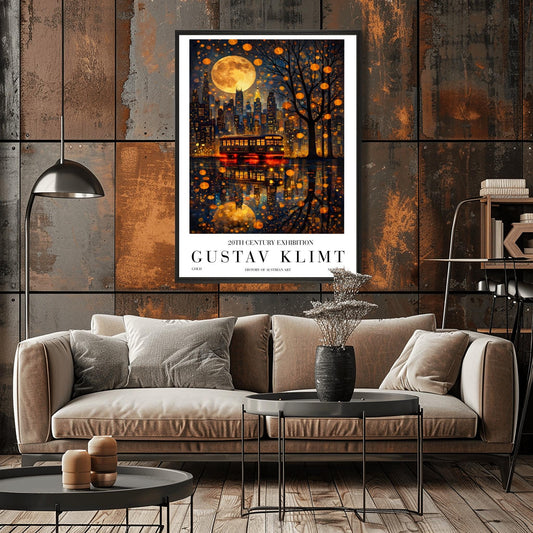 A vertical exhibition-style poster for a Gustav Klimt exhibit. The top half features the New York City skyline at night under a massive, patterned golden moon. A vintage trolley with "NEW YORK" on its sign sits on a wet street, reflecting the city lights and the moon in a shimmering gold mosaic pattern. A silhouetted tree on the right is filled with glowing golden lanterns. The bottom features bold text reading "GUSTAV KLIMT."