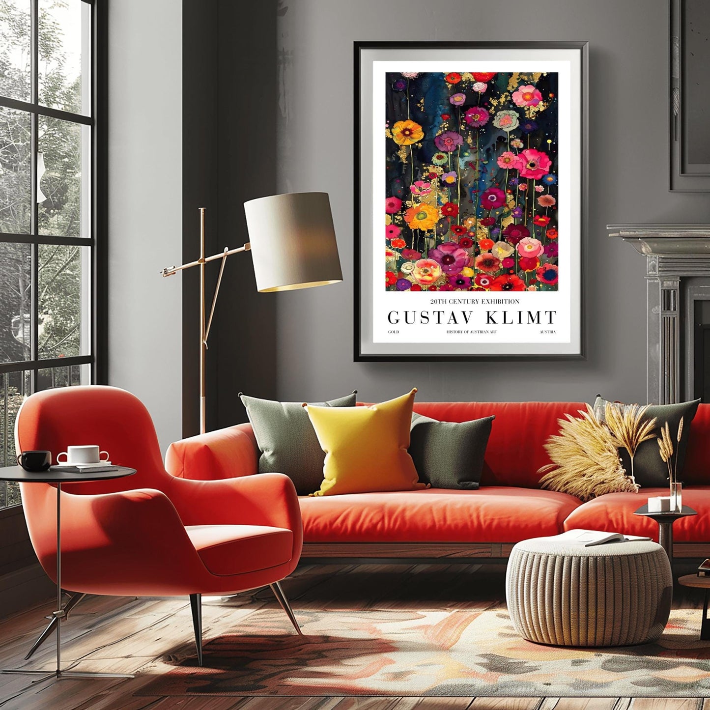 A vertical, highly detailed painting in the style of Gustav Klimt. A dense field of vibrant wildflowers in red, pink, orange, and purple grows against a dark indigo and black background. Shimmering gold-leaf patterns and "rain" effects are woven throughout the flowers. The style is rich in texture with a mosaic-like quality and heavy gold accents.