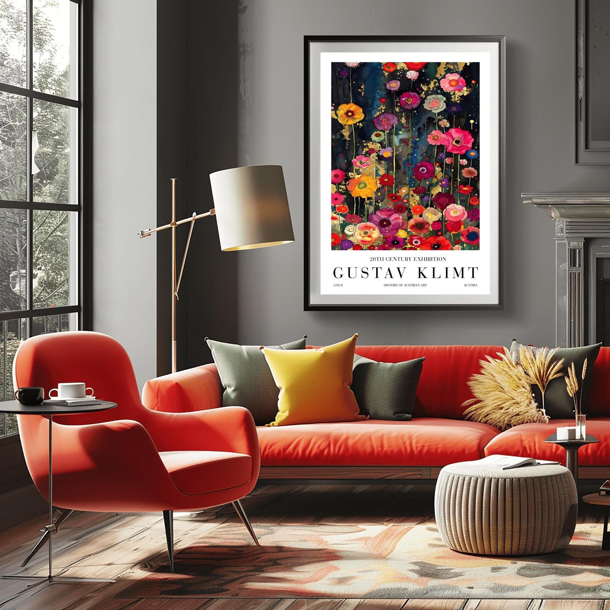 A vertical, highly detailed painting in the style of Gustav Klimt. A dense field of vibrant wildflowers in red, pink, orange, and purple grows against a dark indigo and black background. Shimmering gold-leaf patterns and "rain" effects are woven throughout the flowers. The style is rich in texture with a mosaic-like quality and heavy gold accents.