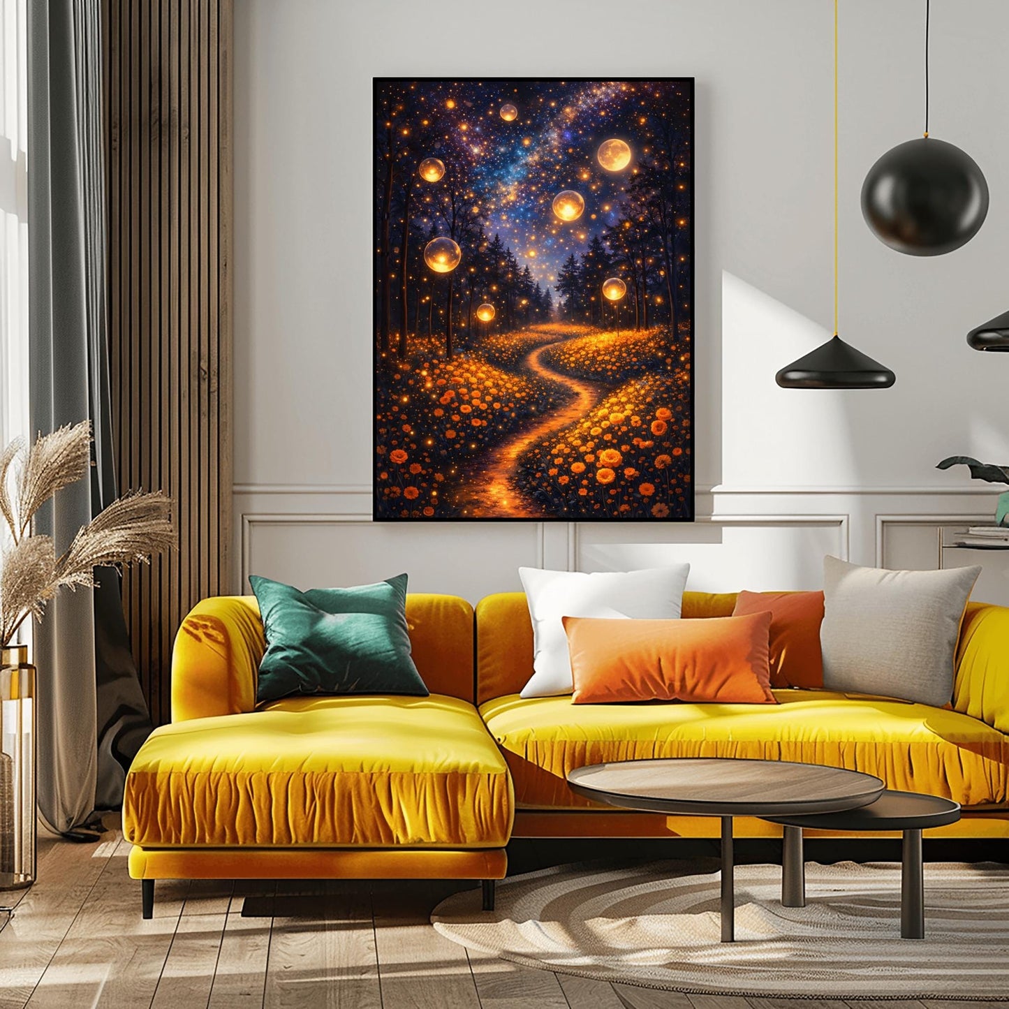 A vertical fine art print in the style of Gustav Klimt. Several large, glowing golden orbs float in a dark forest above a meadow of orange wildflowers. A winding path of golden light leads into the trees. The night sky is filled with a brilliant Milky Way and a large, glowing full moon.