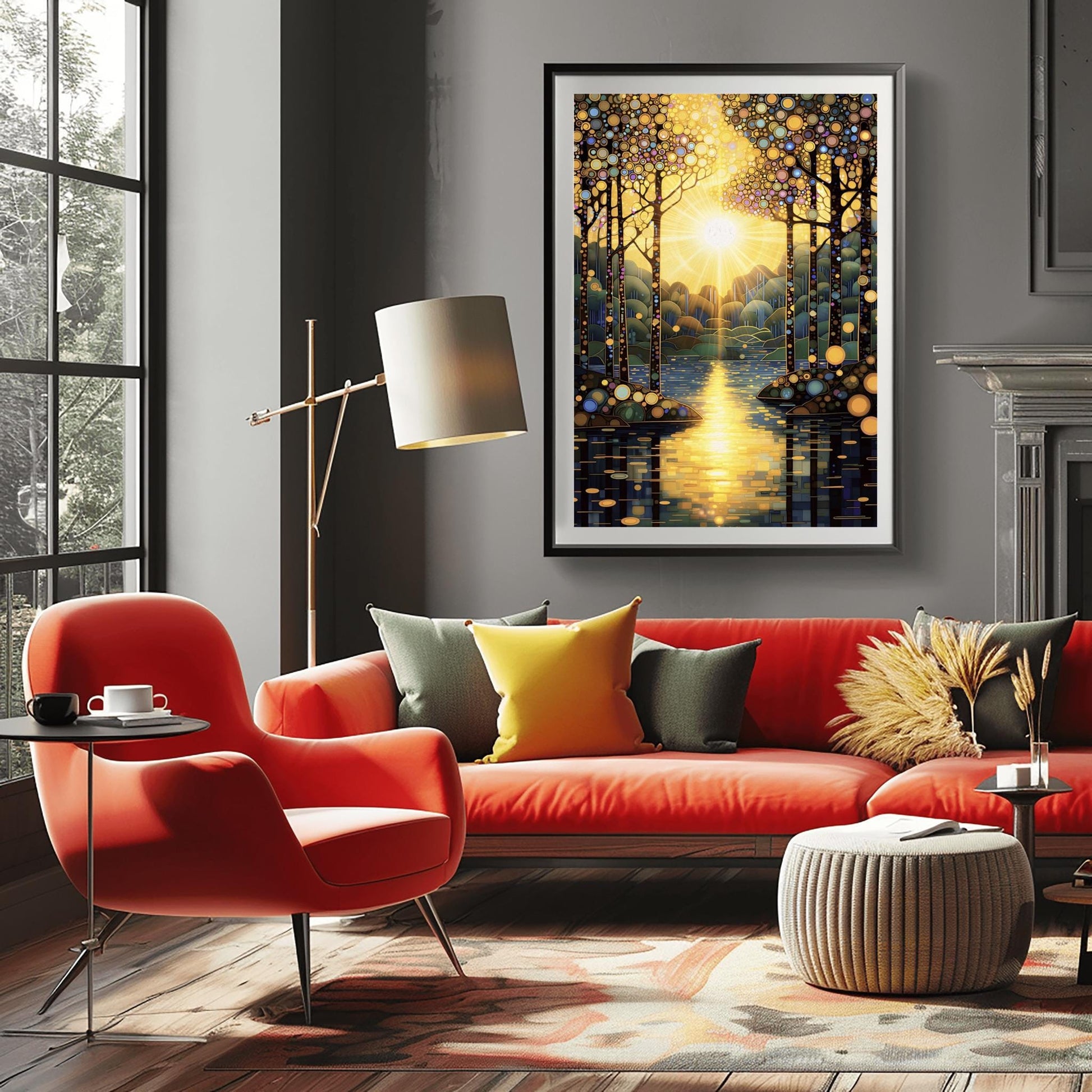 A vertical fine art painting in the style of Gustav Klimt. A brilliant sun is centered in the sky, emitting golden rays that look like stained glass panes. Slender trees with colorful mosaic patterns on their bark frame a calm lake. The water reflects the golden sun in a series of horizontal mosaic tiles. The overall palette is brilliant gold, warm amber, and deep teal.