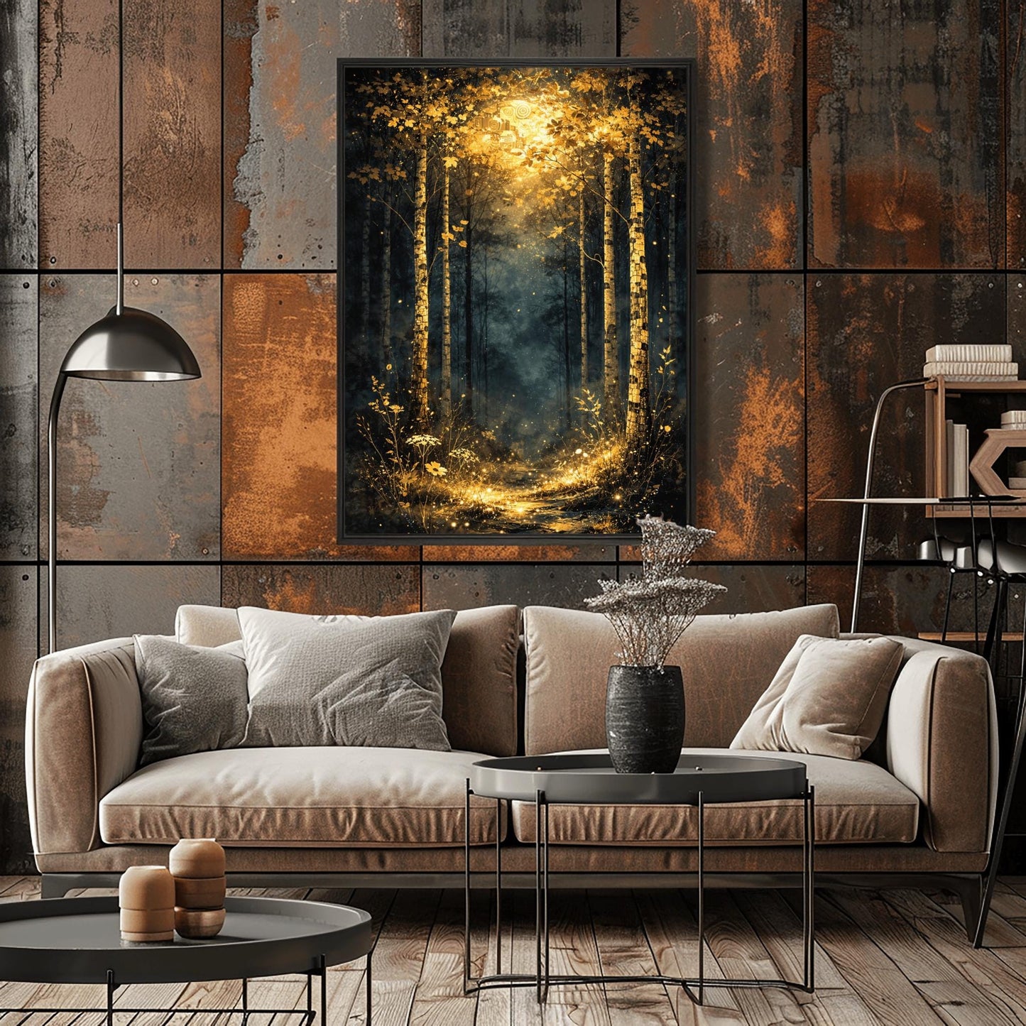 A vertical Art Nouveau illustration of a forest path at night or twilight. Golden birch trees with detailed bark frame a trail that leads into a misty forest. The path and foreground flowers are illuminated by a radiant golden light from above, filled with shimmering stardust.
