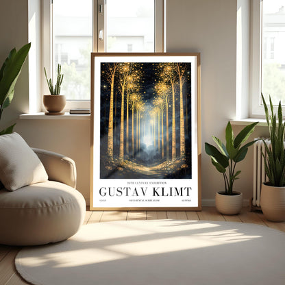 A vertical full-bleed illustration of a birch forest at night in the style of Gustav Klimt. The slender trunks are covered in golden patterns, and the tops of the trees explode into golden sparks and stars. A glowing golden path leads into a misty blue distance.