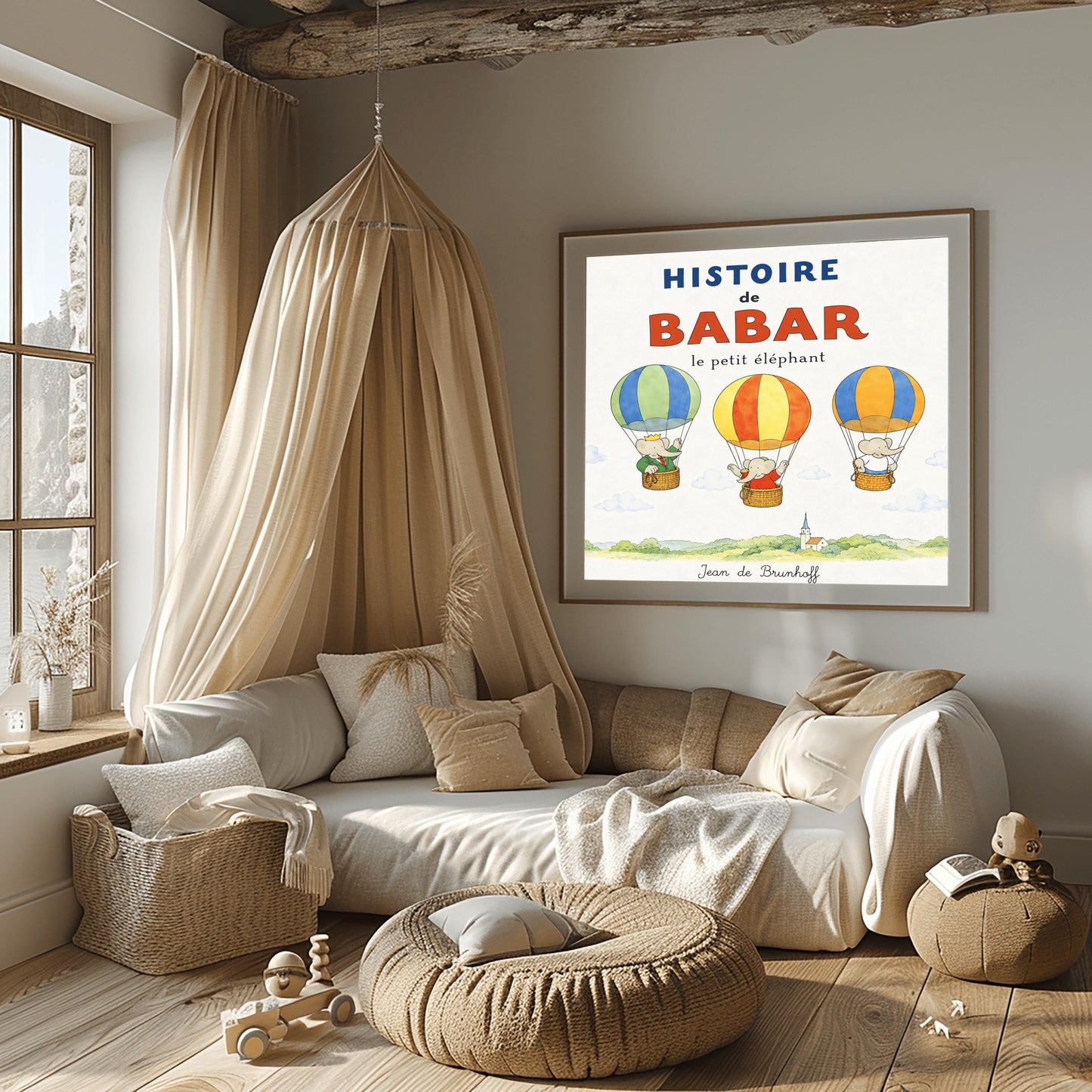A whimsical vintage-style storybook poster on a clean white background titled "HISTOIRE de BABAR le petit éléphant" in bold blue and orange lettering. The illustration features three cartoon elephants floating in striped hot air balloons over a light green watercolor countryside with a white church steeple. On the left, King Babar in a green suit and crown waves from a blue-and-green balloon. In the center, an elephant in a red dress sits in a yellow-and-orange balloon.