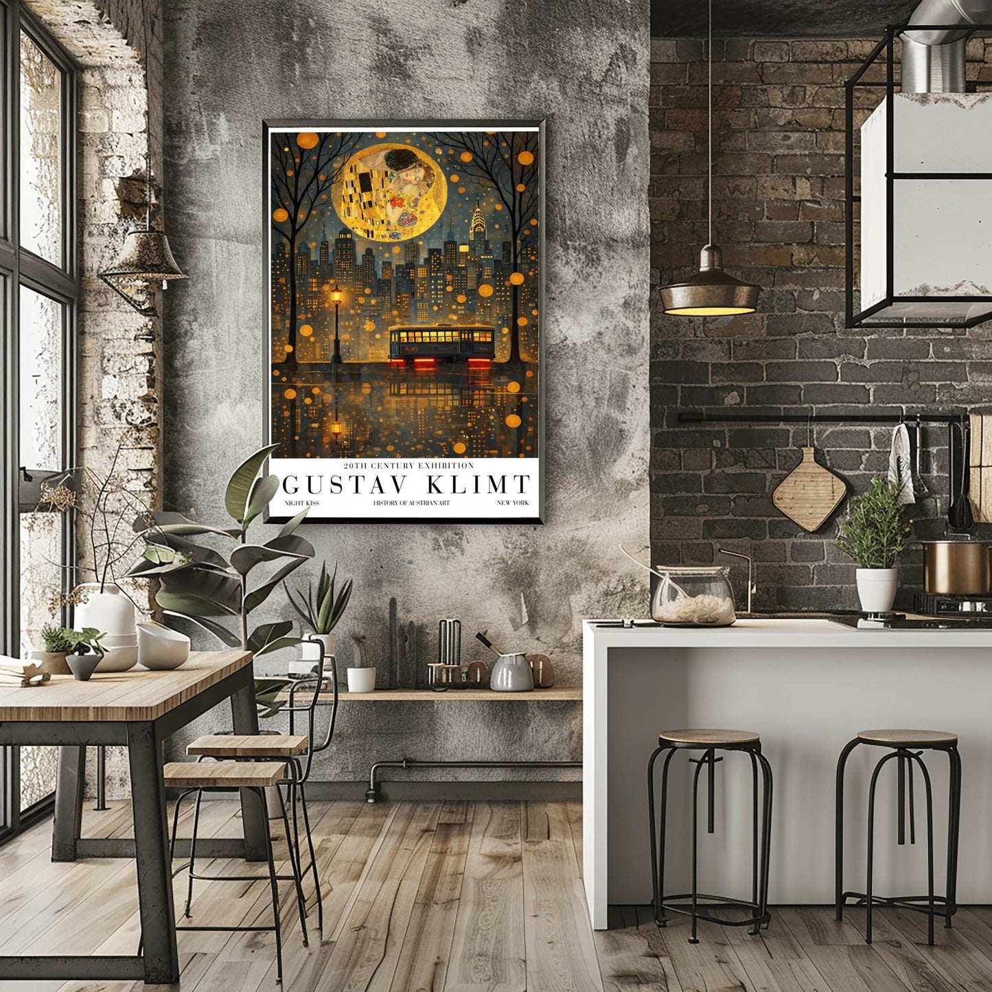 A vertical exhibition poster in the style of Gustav Klimt. A large, textured golden moon contains the iconic figures from "The Kiss" floating above a dark New York City skyline. The Chrysler Building is visible. In the foreground, a vintage trolley reflects in rain-slicked streets. Bold text at the bottom reads "GUSTAV KLIMT" and "NEW YORK."