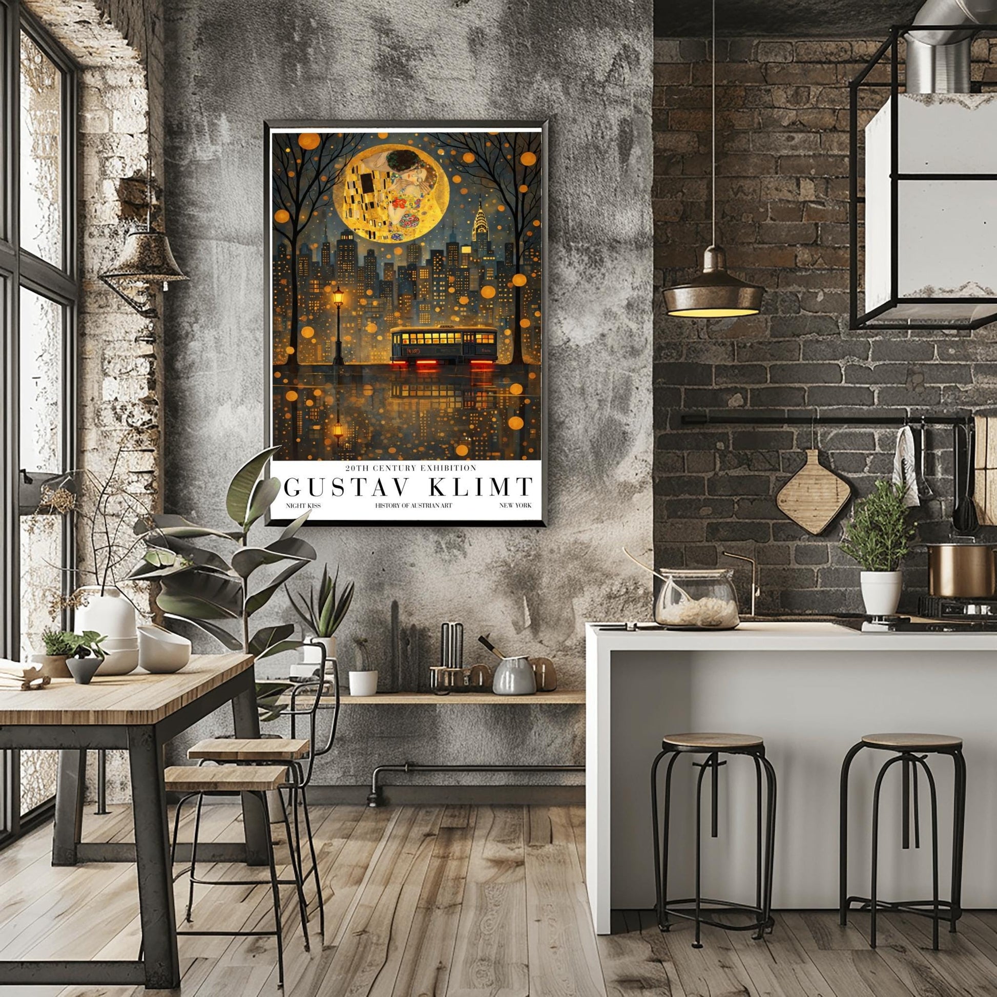 A vertical exhibition poster in the style of Gustav Klimt. A large, textured golden moon contains the iconic figures from "The Kiss" floating above a dark New York City skyline. The Chrysler Building is visible. In the foreground, a vintage trolley reflects in rain-slicked streets. Bold text at the bottom reads "GUSTAV KLIMT" and "NEW YORK."