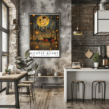 A vertical exhibition poster in the style of Gustav Klimt. A large, textured golden moon contains the iconic figures from "The Kiss" floating above a dark New York City skyline. The Chrysler Building is visible. In the foreground, a vintage trolley reflects in rain-slicked streets. Bold text at the bottom reads "GUSTAV KLIMT" and "NEW YORK."