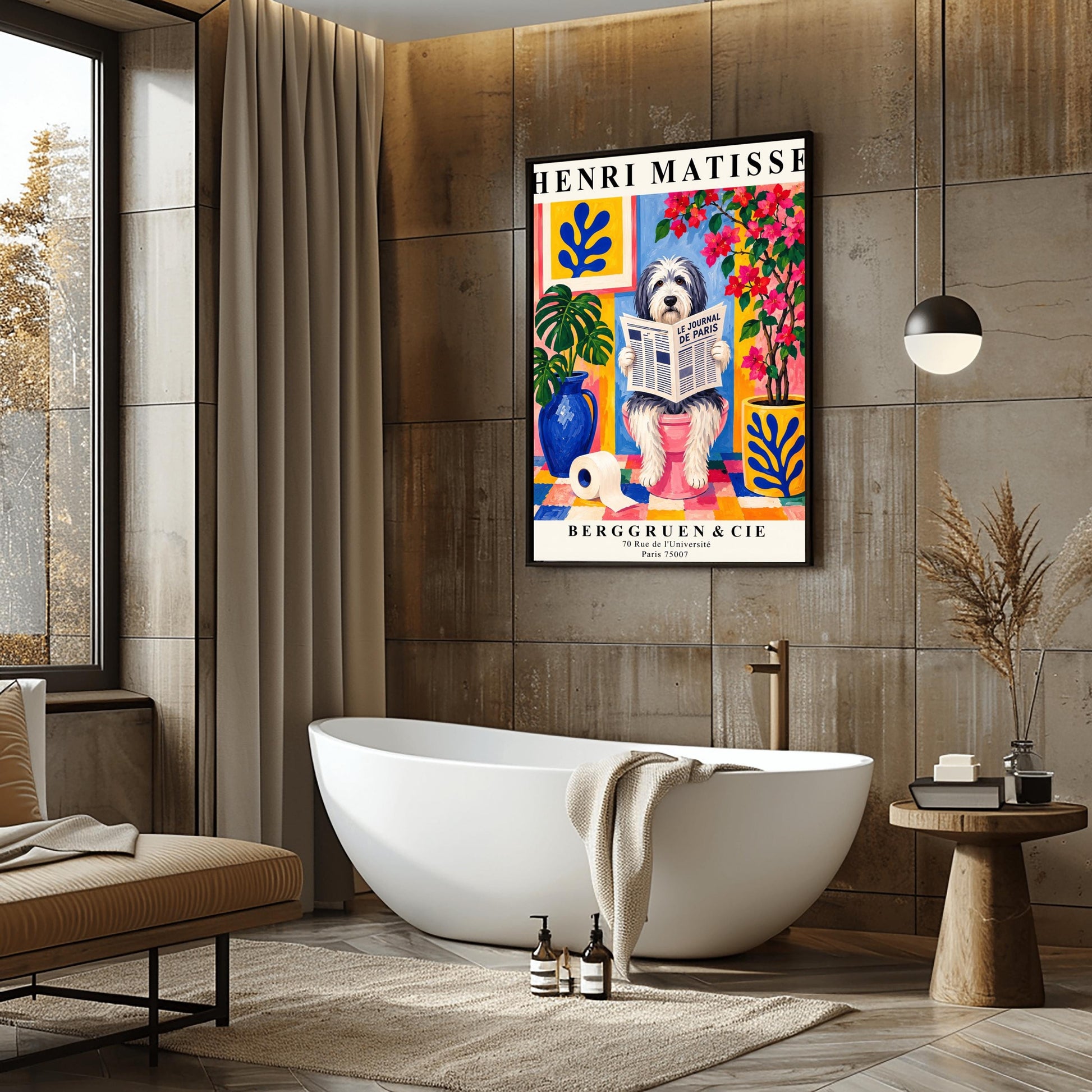 A vertical retro exhibition poster for Henri Matisse featuring a wide cream border. The central image shows a colorful Fauvism-style painting of a fluffy black-and-white Bearded Collie dog sitting on a pink toilet. The dog has shaggy fur and is looking forward while holding open a newspaper titled "LE JOURNAL DE PARIS". The background is a vibrant bathroom with a checkered mosaic floor, blue and yellow planters holding green monstera leaves
