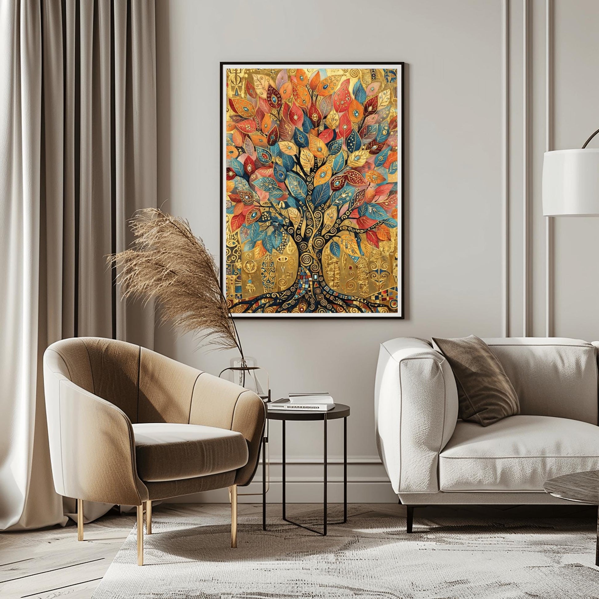 A vertical fine art print in the style of Gustav Klimt. A large tree with a dark mosaic trunk and golden swirling branches is centered on a textured gold background. The leaves are large, teardrop-shaped jewels in shades of red, orange, and blue. The background is filled with ornate golden symbols and spirals.