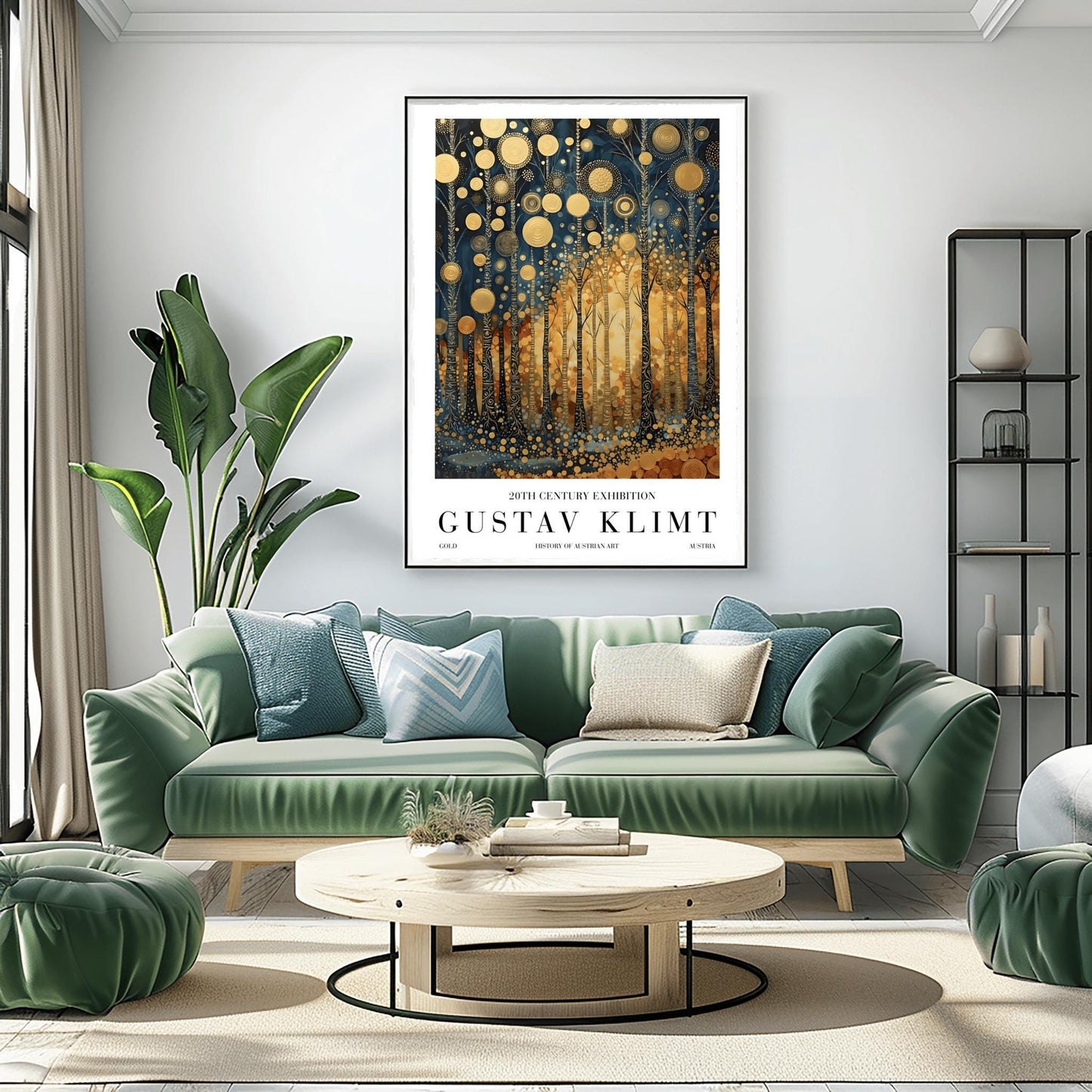 A vertical exhibition-style poster for a Gustav Klimt exhibit. The artwork features tall, slender trees with black bark covered in intricate gold scrolls and geometric patterns. Large, textured golden orbs float in the upper canopy. A warm, glowing light radiates from the center of the forest. The bottom margin features bold text reading "GUSTAV KLIMT" and "20TH CENTURY EXHIBITION."