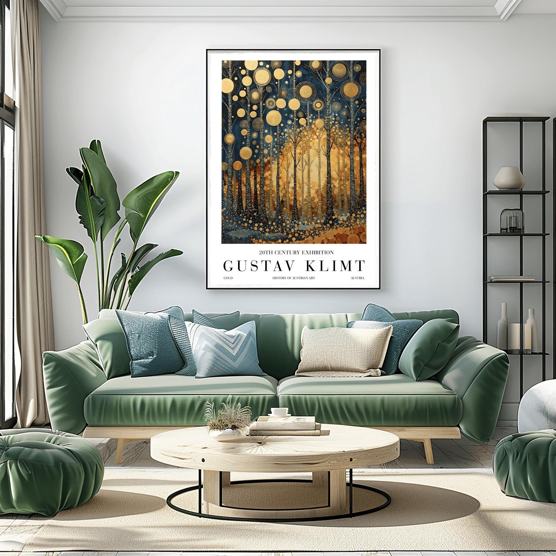 A vertical exhibition-style poster for a Gustav Klimt exhibit. The artwork features tall, slender trees with black bark covered in intricate gold scrolls and geometric patterns. Large, textured golden orbs float in the upper canopy. A warm, glowing light radiates from the center of the forest. The bottom margin features bold text reading "GUSTAV KLIMT" and "20TH CENTURY EXHIBITION."