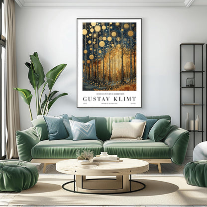 A vertical exhibition-style poster for a Gustav Klimt exhibit. The artwork features tall, slender trees with black bark covered in intricate gold scrolls and geometric patterns. Large, textured golden orbs float in the upper canopy. A warm, glowing light radiates from the center of the forest. The bottom margin features bold text reading "GUSTAV KLIMT" and "20TH CENTURY EXHIBITION."
