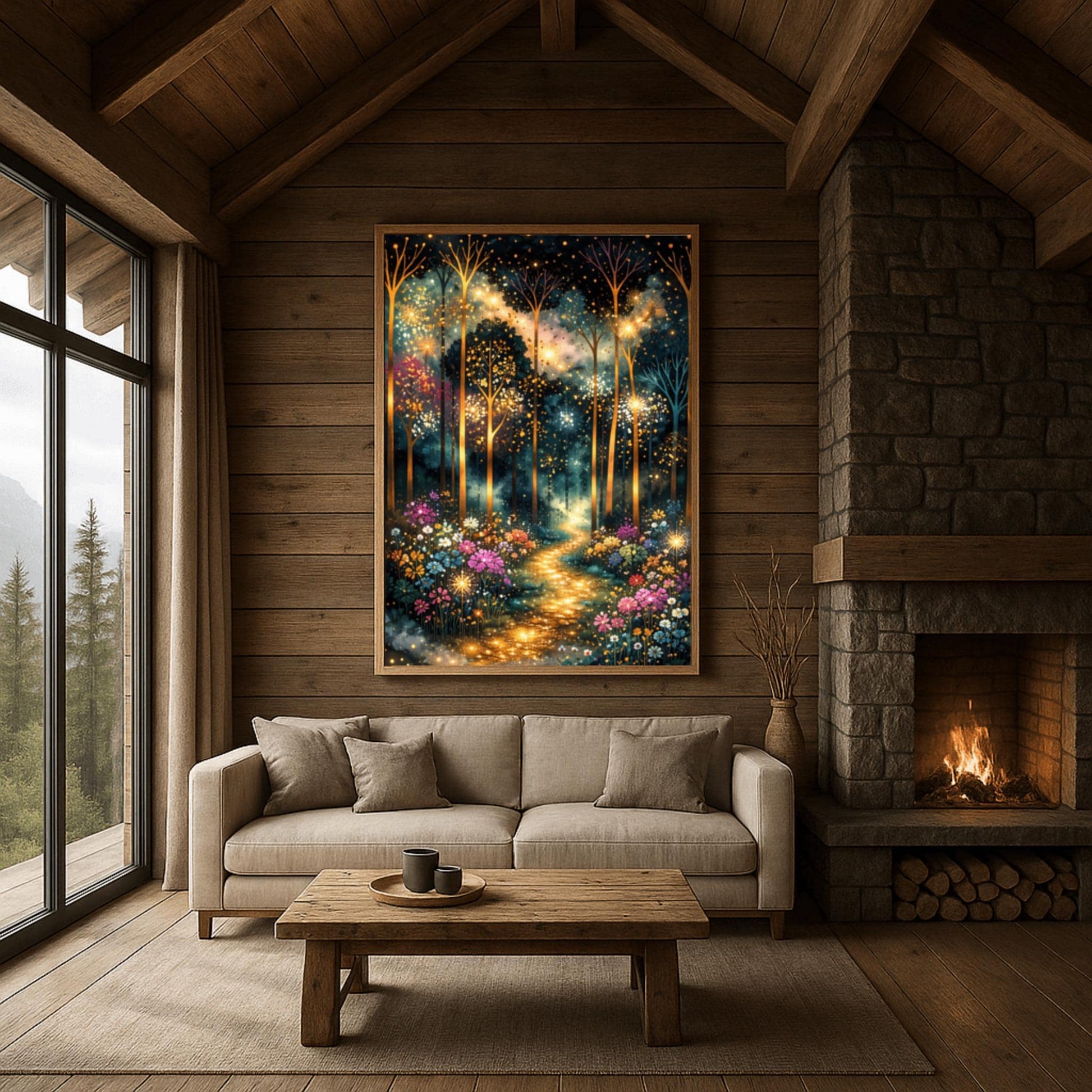 A vertical, highly detailed painting in the style of Gustav Klimt. Slender, glowing gold trees rise from a vibrant meadow of colorful wildflowers in pink, purple, and white. A sparkling, bright golden path leads through the center of the dark, atmospheric forest. The air is filled with glowing golden dots and fireflies, creating a magical, textured mosaic effect.