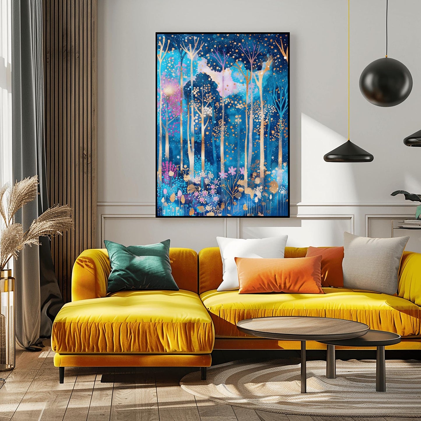 A vertical fine art print in the style of Gustav Klimt. A mystical forest with slender, glowing white and gold tree trunks set against a deep blue and periwinkle background. The canopy and floor are filled with thousands of tiny, glowing gold and amber dots, with small pink flowers at the base, creating a mosaic-like effect.