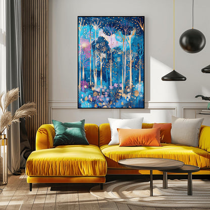 A vertical fine art print in the style of Gustav Klimt. A mystical forest with slender, glowing white and gold tree trunks set against a deep blue and periwinkle background. The canopy and floor are filled with thousands of tiny, glowing gold and amber dots, with small pink flowers at the base, creating a mosaic-like effect.