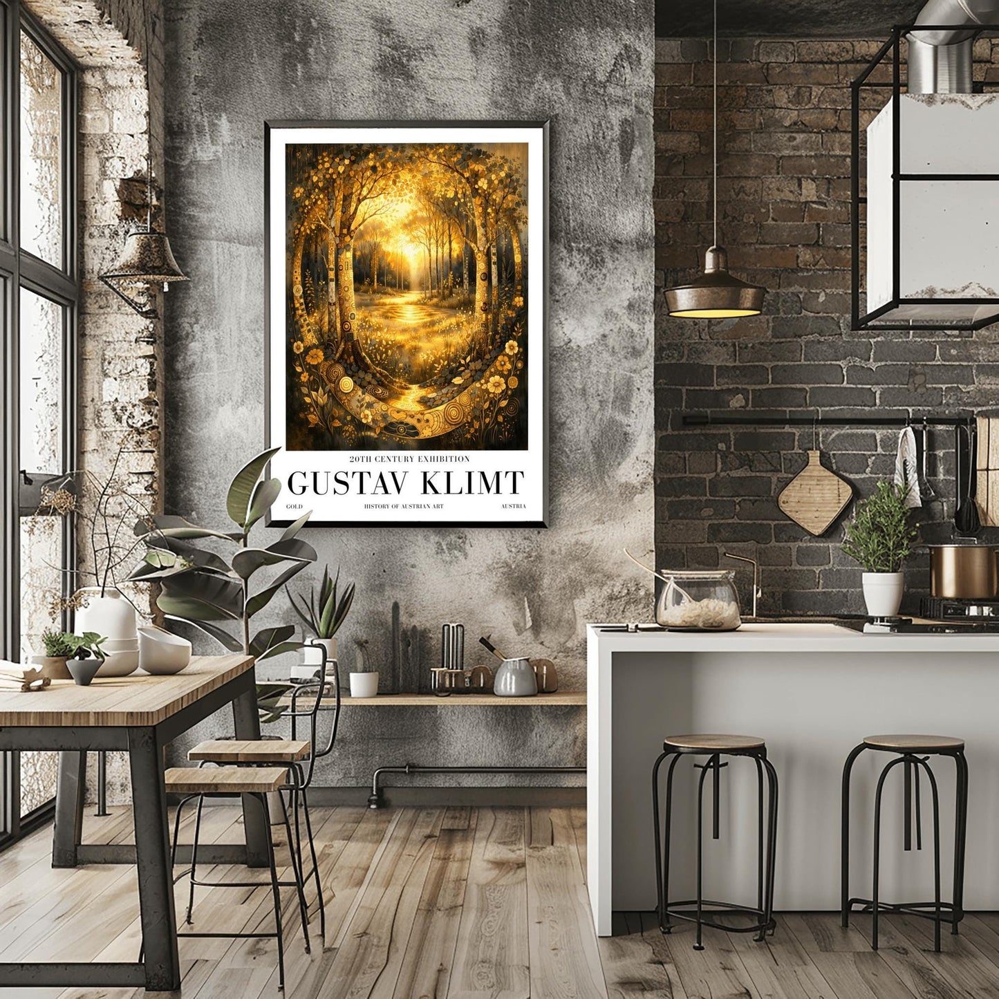 A vertical exhibition poster for Gustav Klimt featuring a golden forest. Two highly decorative trees with mosaic patterns frame a sunlit glade. A golden stream flows toward the viewer through shimmering flowers. Text at the bottom reads "Gustav Klimt, 20th Century Exhibition."