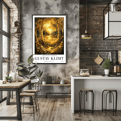 A vertical exhibition poster for Gustav Klimt featuring a golden forest. Two highly decorative trees with mosaic patterns frame a sunlit glade. A golden stream flows toward the viewer through shimmering flowers. Text at the bottom reads "Gustav Klimt, 20th Century Exhibition."