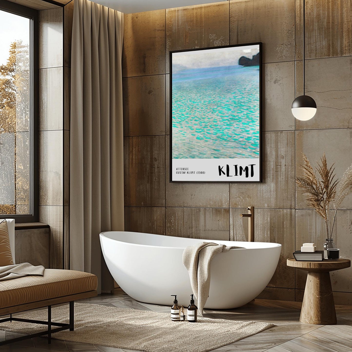 A vertical museum exhibition poster featuring Gustav Klimt's 1900 landscape painting "Attersee." The image depicts a close-up, shimmering view of a turquoise lake with a small dark island in the top right. The bottom border is soft grey with bold black text reading "ATTERSEE" and "KLIMT."