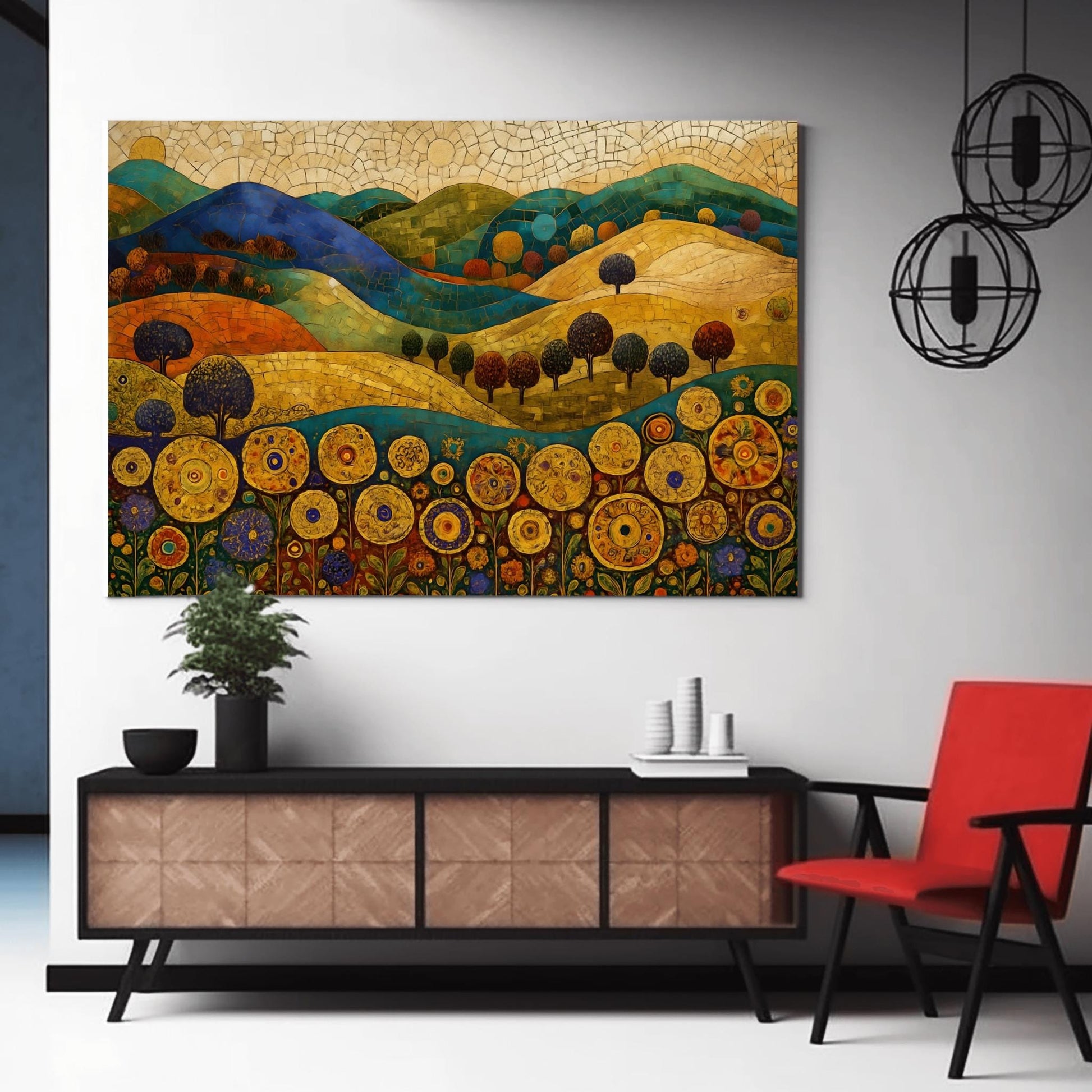 A horizontal fine art painting in the style of Gustav Klimt. Rolling hills in shades of blue, green, and orange are rendered with mosaic tile textures. In the foreground, a row of large, stylized golden sunflowers with intricate geometric centers stands tall. Small, rounded dark trees are scattered across the landscape under a cream-colored mosaic sky.