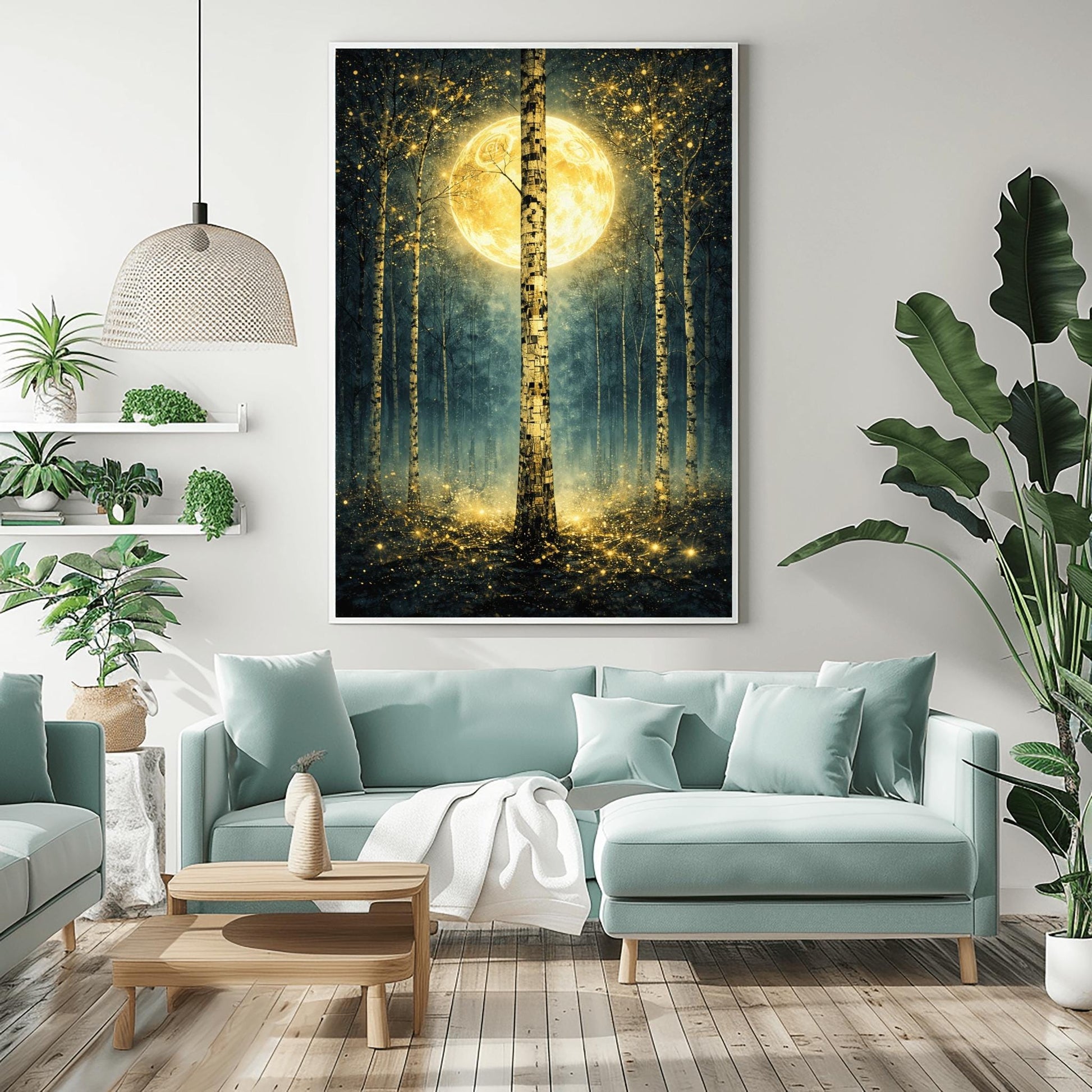 A vertical Art Nouveau-style illustration of a birch forest at night. A large golden moon hangs behind a central birch tree. The forest is filled with teal mist and shimmering golden stardust. The trees have intricate, mosaic-like textures on their bark.