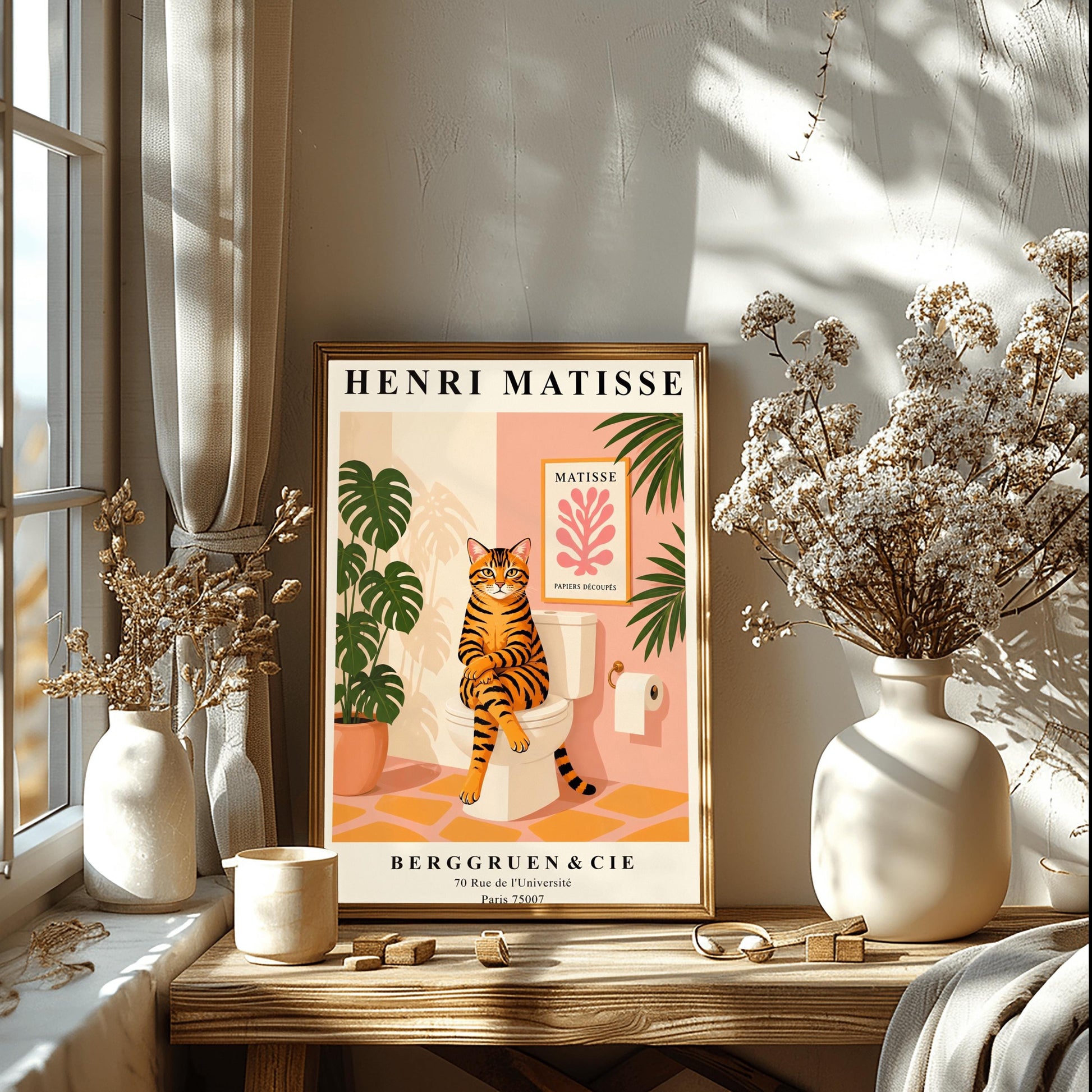 Tabby Cat on Toilet Art Print: Funny Matisse Style Bathroom Wall Art
