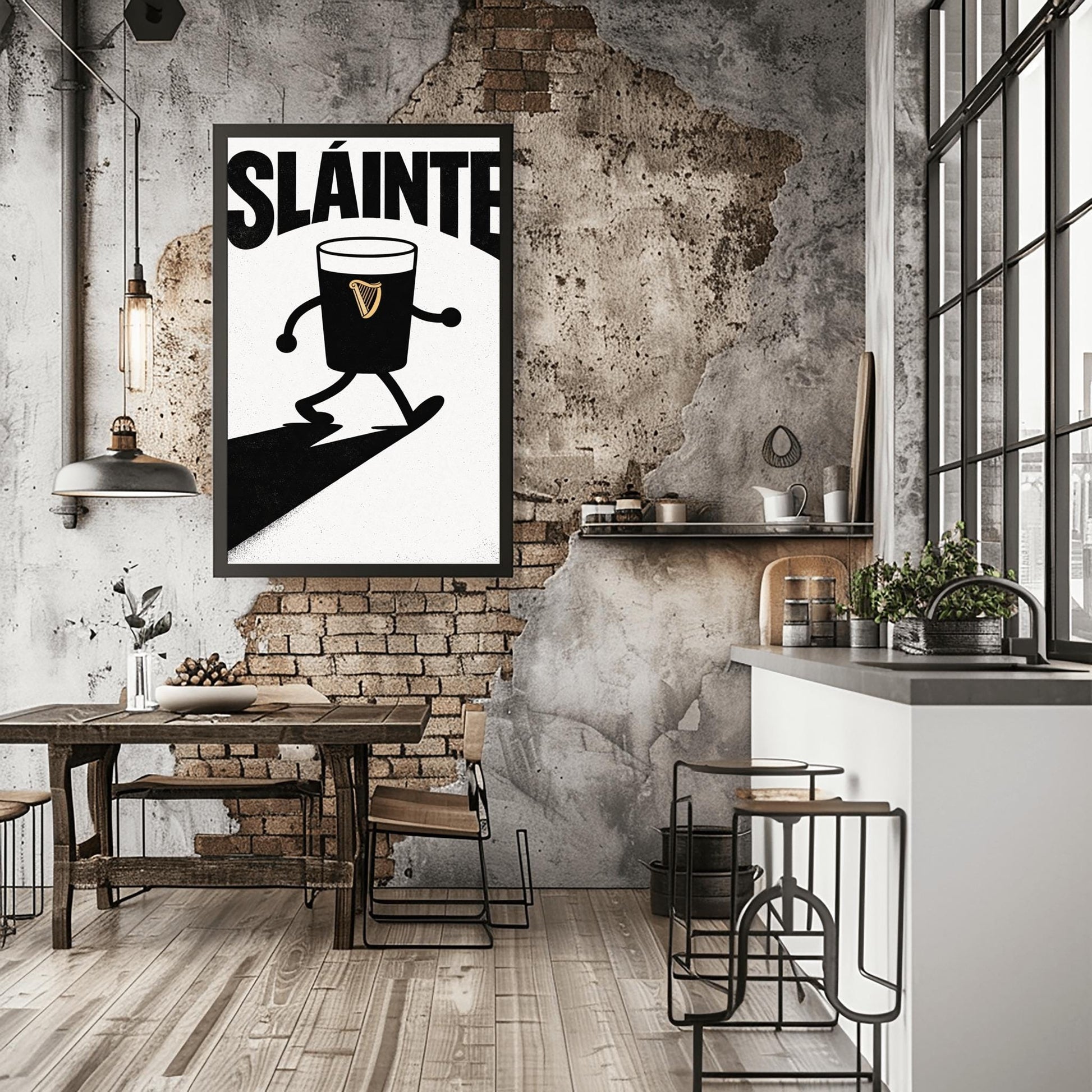 A vertical minimalist graphic in black and white. A pint of Guinness with thin black cartoon arms and legs is shown walking. The word "SLÁINTE" is arched at the top in a bold black font. The pint features a small gold harp logo.