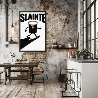 A vertical minimalist graphic in black and white. A pint of Guinness with thin black cartoon arms and legs is shown walking. The word "SLÁINTE" is arched at the top in a bold black font. The pint features a small gold harp logo.