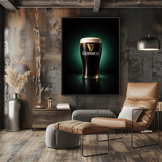 A vertical hyper-realistic photograph of a pint of Guinness centered against a dark background with a soft emerald green glow. The glass is covered in light condensation and features the gold Guinness logo. The foam is thick and white, and a slight ruby-red glow is visible at the bottom of the dark liquid.