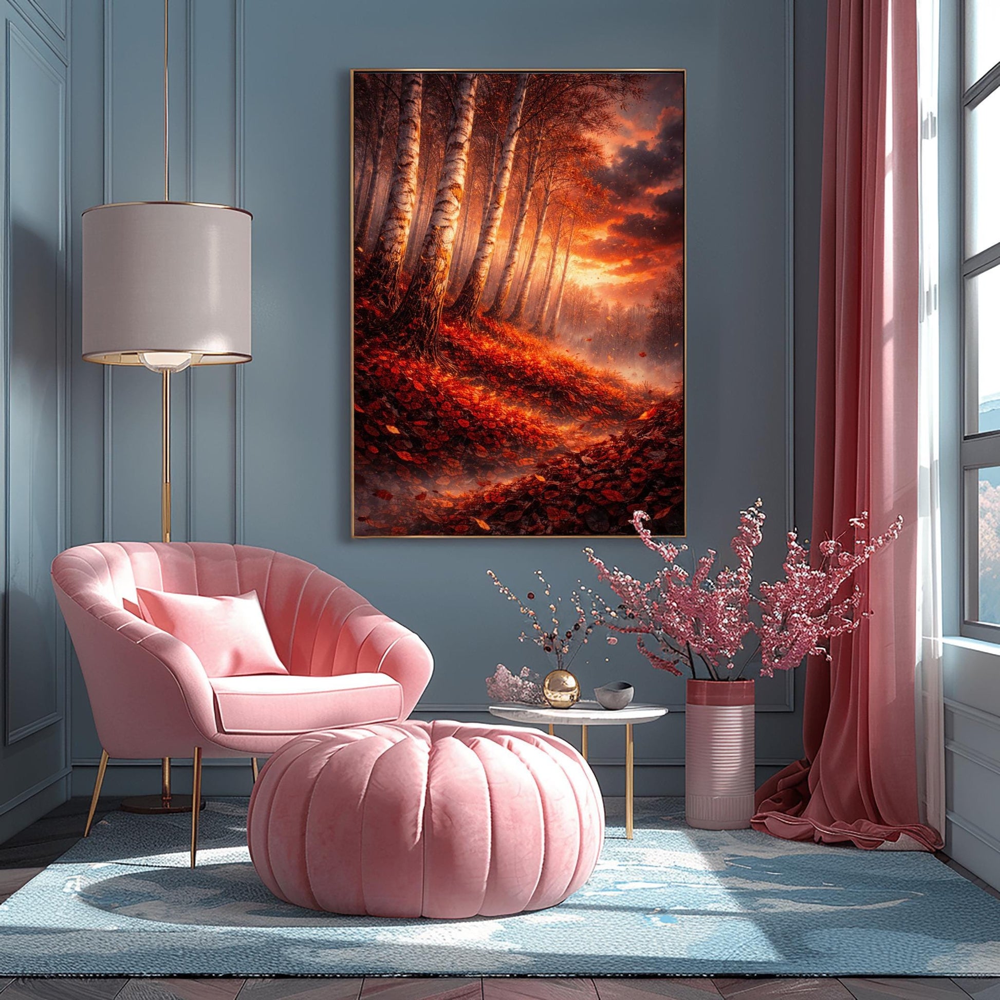 A vertical Art Nouveau illustration of a birch forest in autumn. Towering birch trees lean diagonally over a forest floor covered in a thick carpet of red and rust-colored leaves. A bright sun glows on the horizon through a dark, cloudy sky, scattering golden light and leaves through the air.