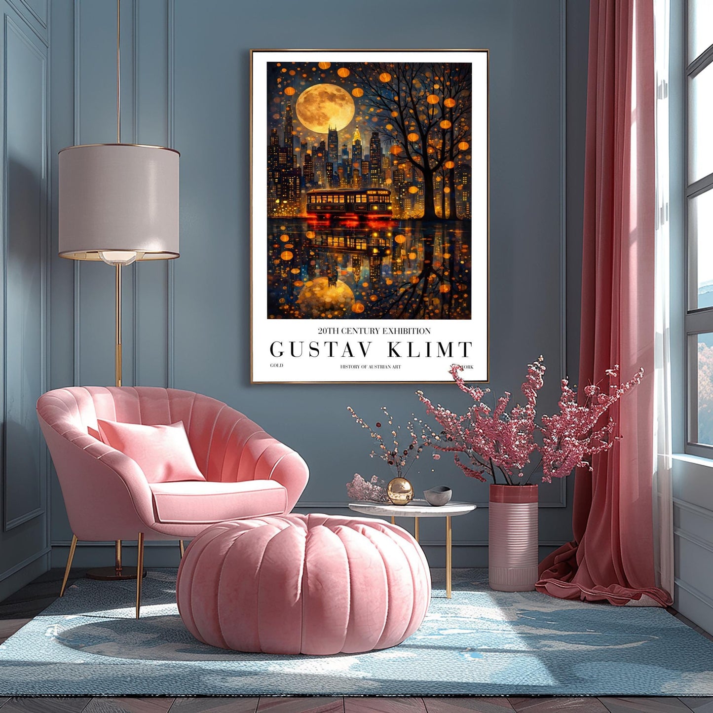 A vertical exhibition-style poster for a Gustav Klimt exhibit. The top half features the New York City skyline at night under a massive, patterned golden moon. A vintage trolley with "NEW YORK" on its sign sits on a wet street, reflecting the city lights and the moon in a shimmering gold mosaic pattern. A silhouetted tree on the right is filled with glowing golden lanterns. The bottom features bold text reading "GUSTAV KLIMT."