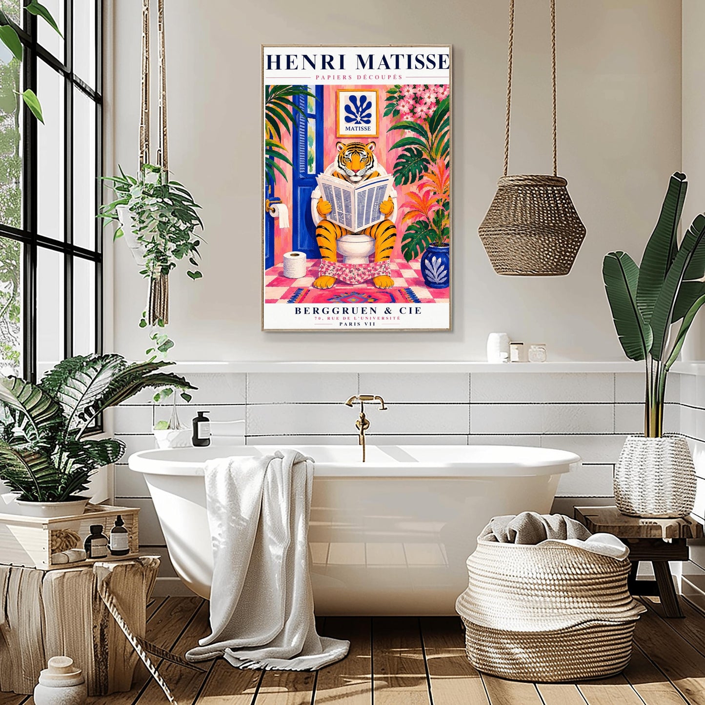 A vertical art print styled as a Henri Matisse exhibition poster. In the center, a tiger sits on a toilet in a pink bathroom, reading a newspaper with pink floral pants at its ankles. The room is decorated with lush tropical plants, a blue door, and a small Matisse-style blue cutout art piece on the wall. The text "HENRI MATISSE" is at the top, and "BERGGRUEN & CIE" is at the bottom.