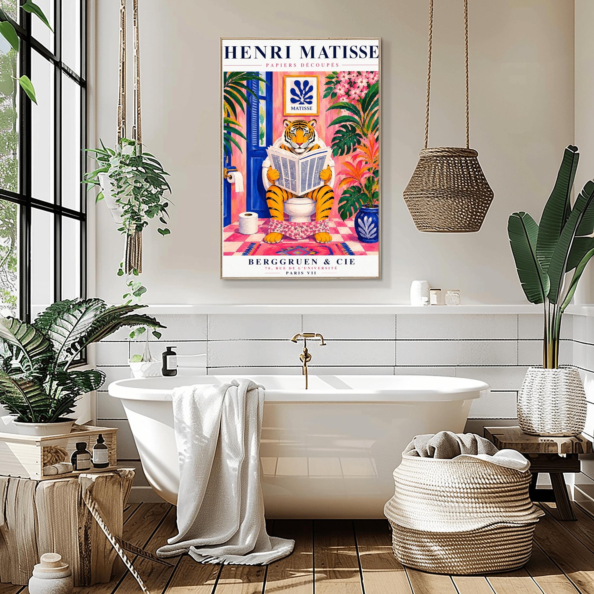 A vertical art print styled as a Henri Matisse exhibition poster. In the center, a tiger sits on a toilet in a pink bathroom, reading a newspaper with pink floral pants at its ankles. The room is decorated with lush tropical plants, a blue door, and a small Matisse-style blue cutout art piece on the wall. The text "HENRI MATISSE" is at the top, and "BERGGRUEN & CIE" is at the bottom.