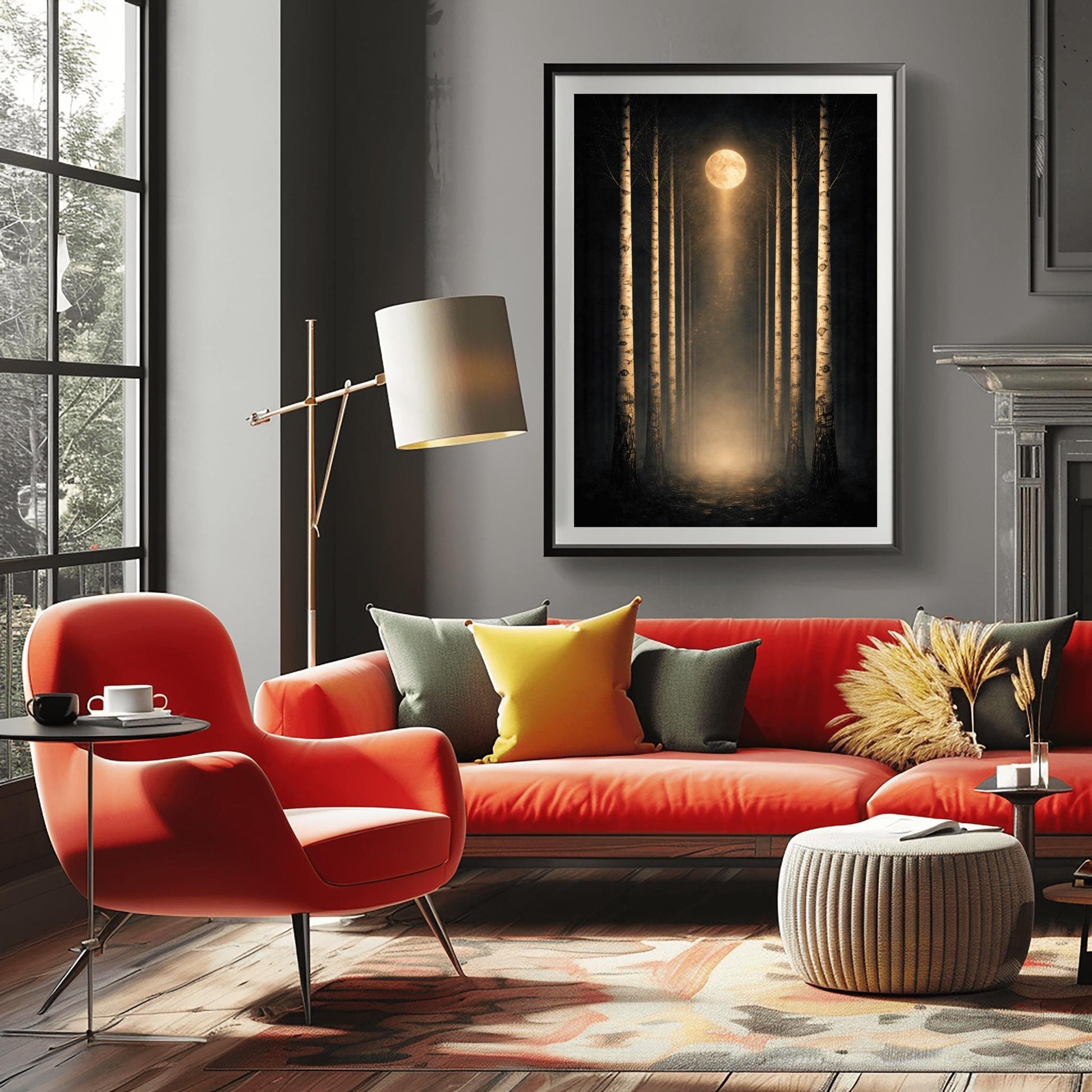 A vertical, perfectly symmetrical illustration of a birch forest at night. Three slender birch trees frame each side of a central path. A golden moon at the top center casts a beam of light downward onto a glowing forest floor. The trees feature intricate golden mosaic bark.