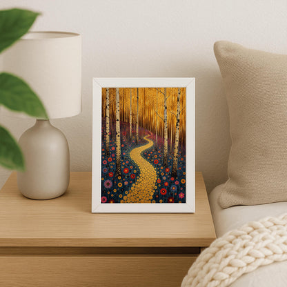 A vertical canvas landscape painting in the style of Gustav Klimt. A winding path made of small, glittering gold circular mosaic tiles snakes from the foreground up a forest hill. Slender white and black birch tree trunks stand vertically across the landscape. The hillside ground is dark navy blue and covered in round, target-shaped flowers in shades of red, orange, and pink. The top third of the painting is a dense, shimmering canopy of tiny golden-yellow autumn leaves.