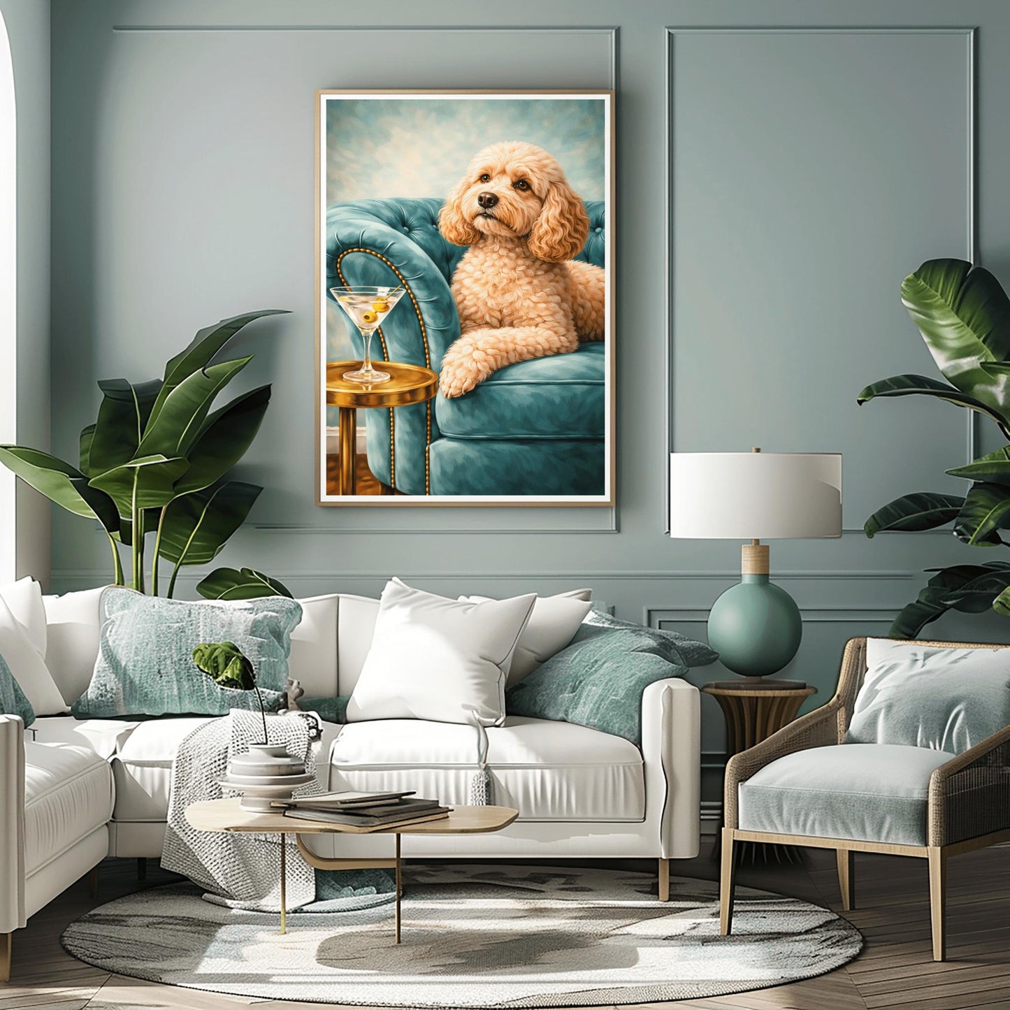 A vertical oil-style painting of a fluffy, tan-colored cockapoo with big brown eyes sitting on a plush, light teal velvet tufted sofa. To the left, a martini glass with two olives sits on a round, polished gold side table. The background is a soft, textured sky blue, and the overall lighting is bright and elegant.