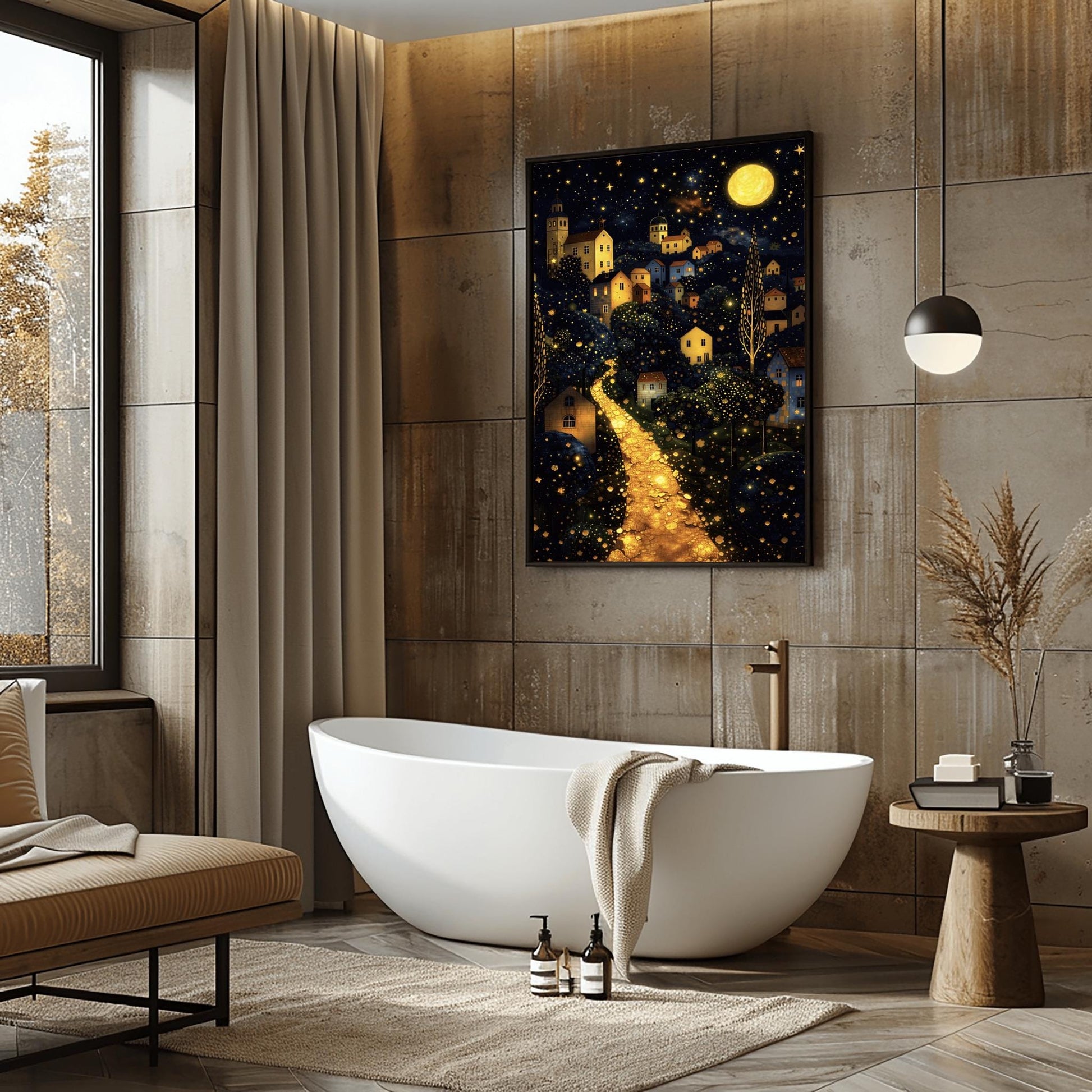 A vertical fine art landscape in the style of Gustav Klimt. A brilliant, glowing golden path winds up a dark hillside toward a village with lit windows. The deep blue night sky is filled with many stars and a large, textured golden moon. The trees are decorated with small, shimmering golden dots.
