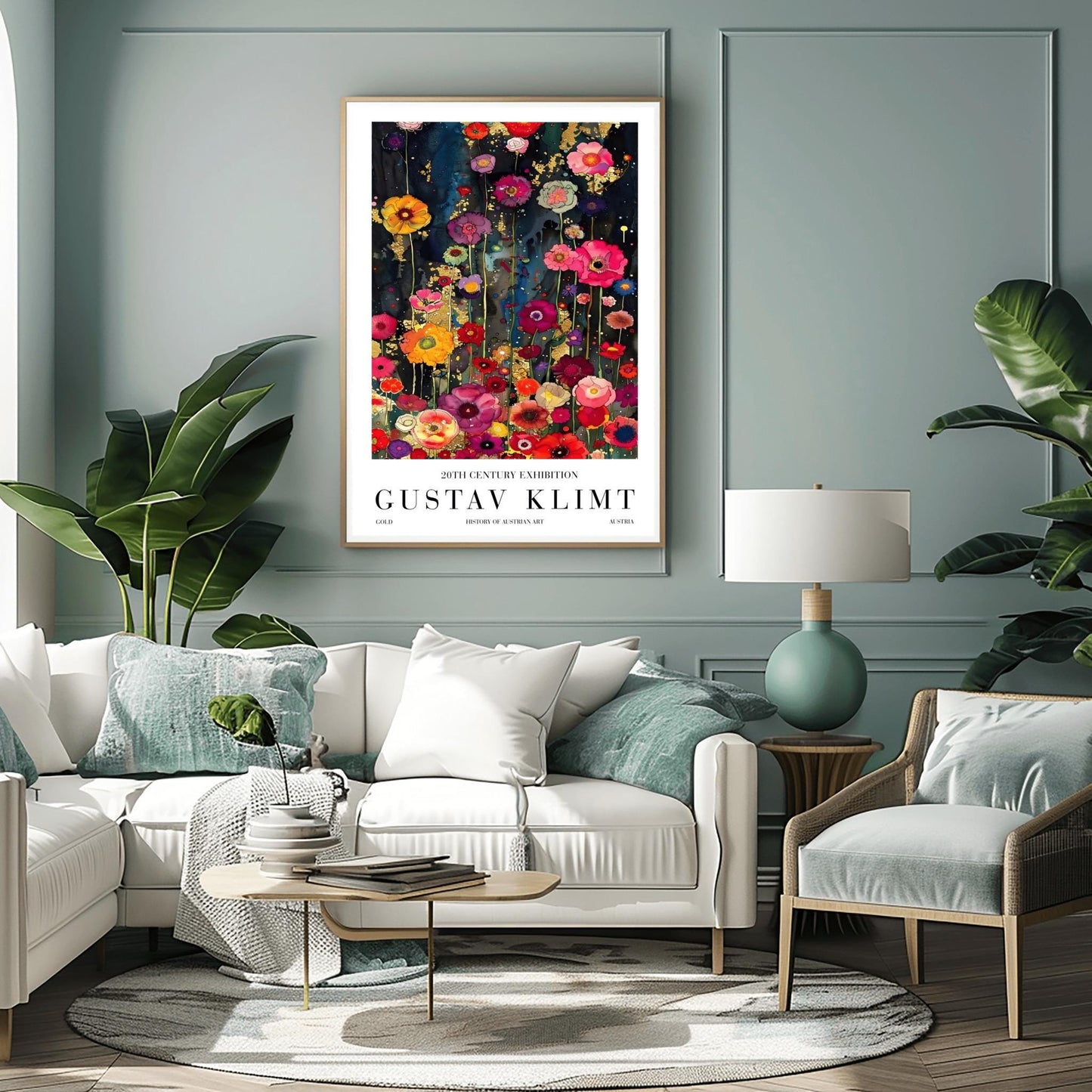 A vertical, highly detailed painting in the style of Gustav Klimt. A dense field of vibrant wildflowers in red, pink, orange, and purple grows against a dark indigo and black background. Shimmering gold-leaf patterns and "rain" effects are woven throughout the flowers. The style is rich in texture with a mosaic-like quality and heavy gold accents.