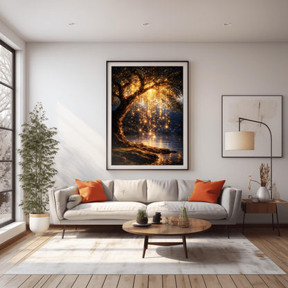 A vertical full-bleed illustration of a weeping willow tree at night in the style of Gustav Klimt. The branches hang down like strings of golden lights over a dark lake. The water reflects the golden glow, and the tree stands on a mossy bank against a dark forest background.