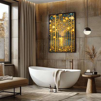 A vertical fine art print in the style of Gustav Klimt. Several slender tree trunks made of sparkling gold leaf stand in the foreground. They are adorned with glowing gold and ivory circular patterns. A calm river in the center reflects a soft, hazy golden sun on the horizon. The background is a soft blue-grey.