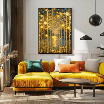 A vertical fine art print in the style of Gustav Klimt. Several slender tree trunks made of sparkling gold leaf stand in the foreground. They are adorned with glowing gold and ivory circular patterns. A calm river in the center reflects a soft, hazy golden sun on the horizon. The background is a soft blue-grey.